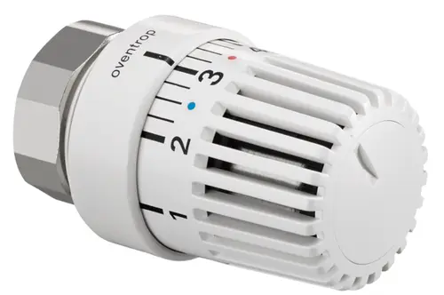 Weißer Oventrop-Thermostat mit drehbarem Einstellknopf und Skala von 1 bis 5. Geeignet für Heizkörperventile.